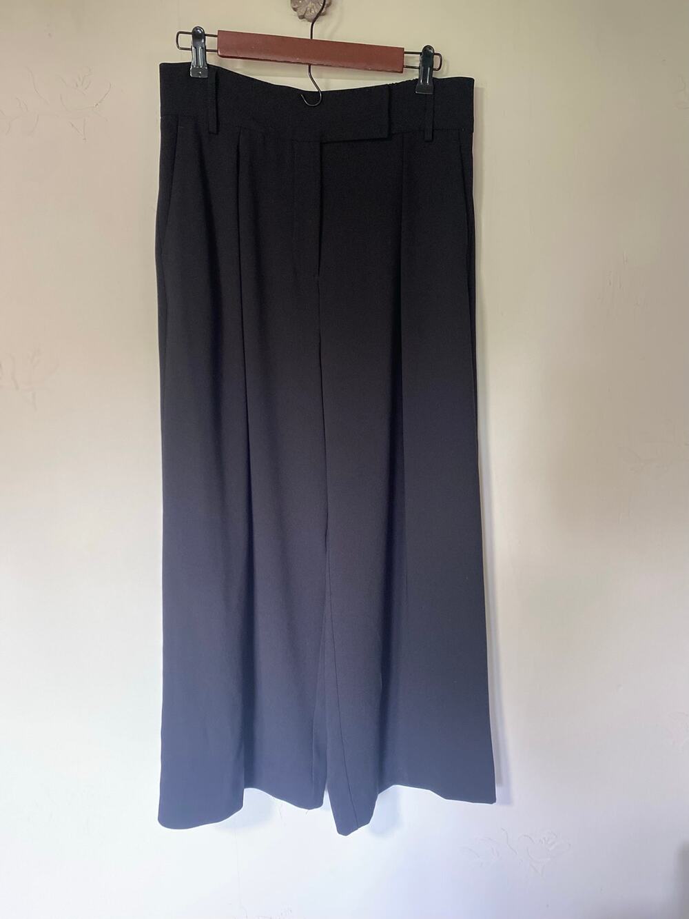 River Island Black Pleated High Waisted Wide Leg Trousers 10 Stretch Waist